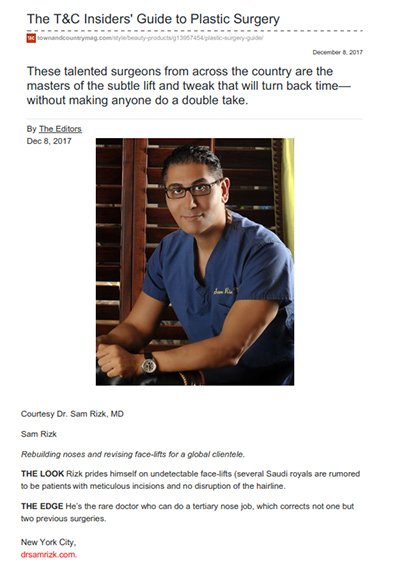 Dr. Rizk featured in Town & Country Magazine as one of the masters of the subtle lift and tweak that will turn back time