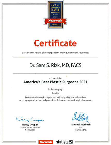 Certificate Facial Plastic Surgeon Dr. Rizk  featured on Town and Country