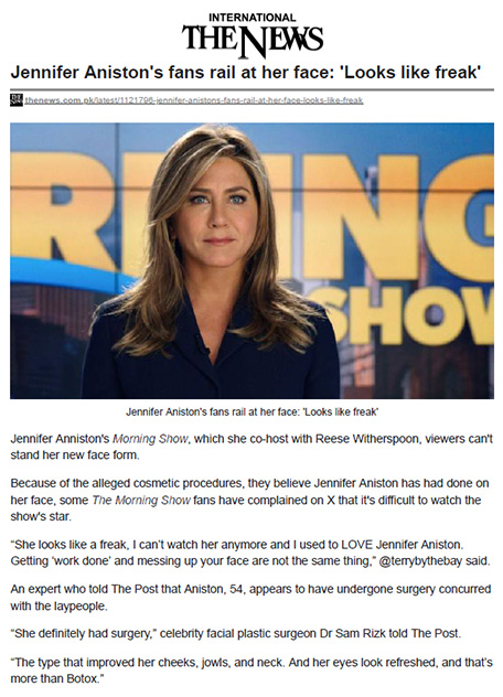 Jennifer Aniston's fans rail at her face: 'Looks like freak'