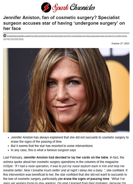 Jennifer Aniston, fan of cosmetic surgery? Specialist surgeon accuses star of having ‘undergone surgery’ on her face
